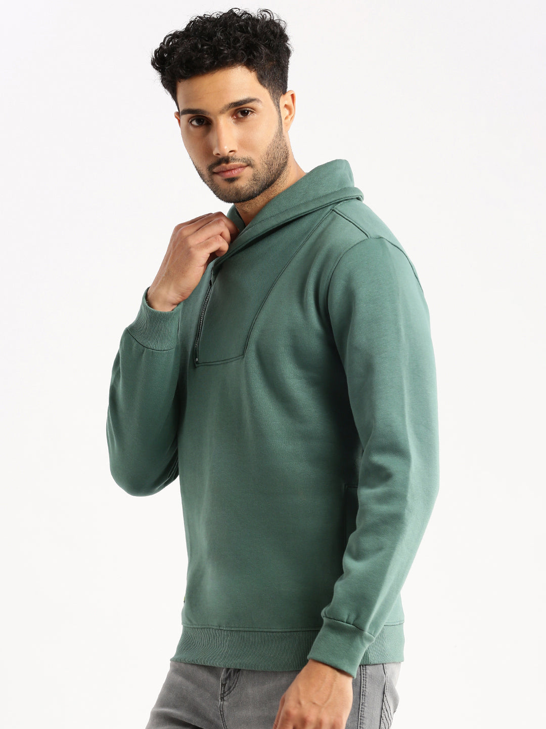 Men Green Shirt Collar Solid Sweatshirt