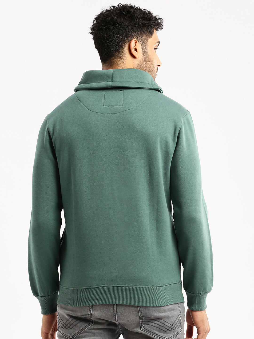 Men Green Shirt Collar Solid Sweatshirt