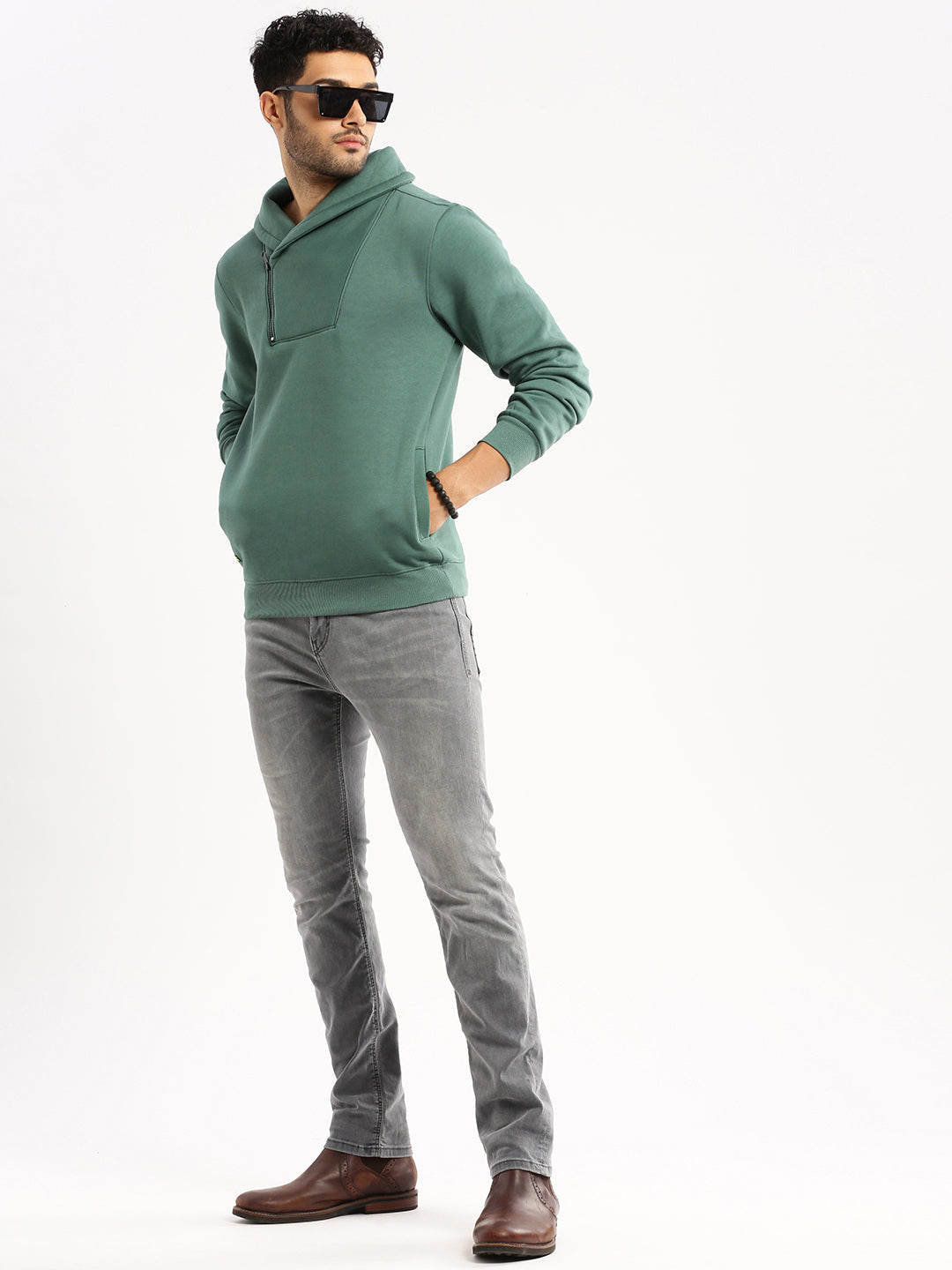 Men Green Shirt Collar Solid Sweatshirt