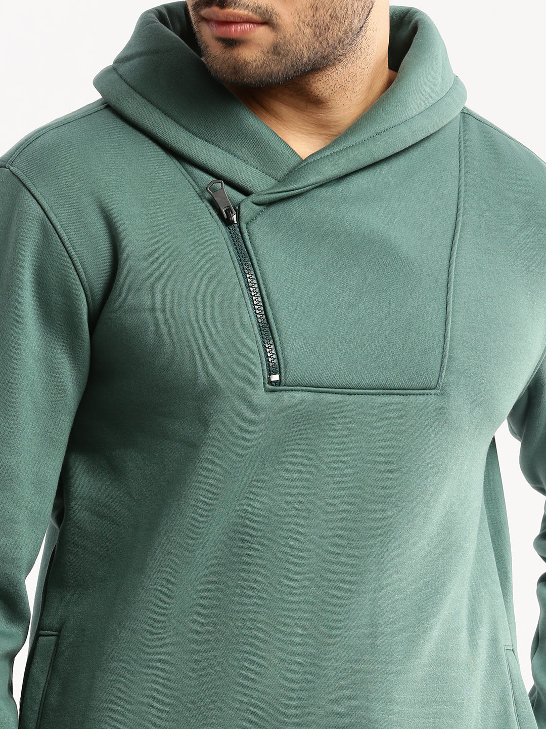 Men Green Shirt Collar Solid Sweatshirt