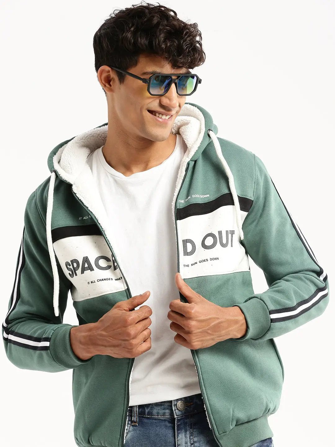 Men's Green Hooded Typography Sweatshirt
