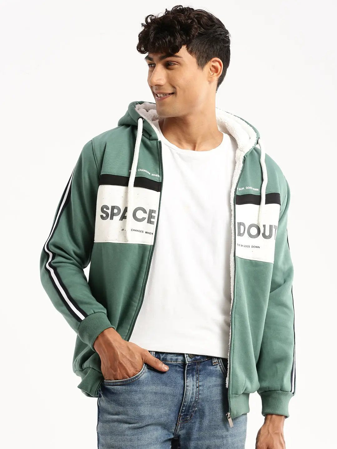 Men's Green Hooded Typography Sweatshirt