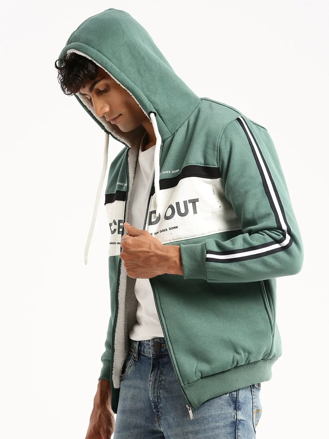 Men's Green Hooded Typography Sweatshirt