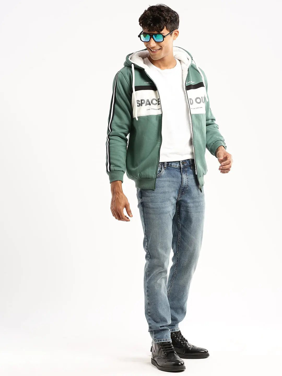 Men's Green Hooded Typography Sweatshirt