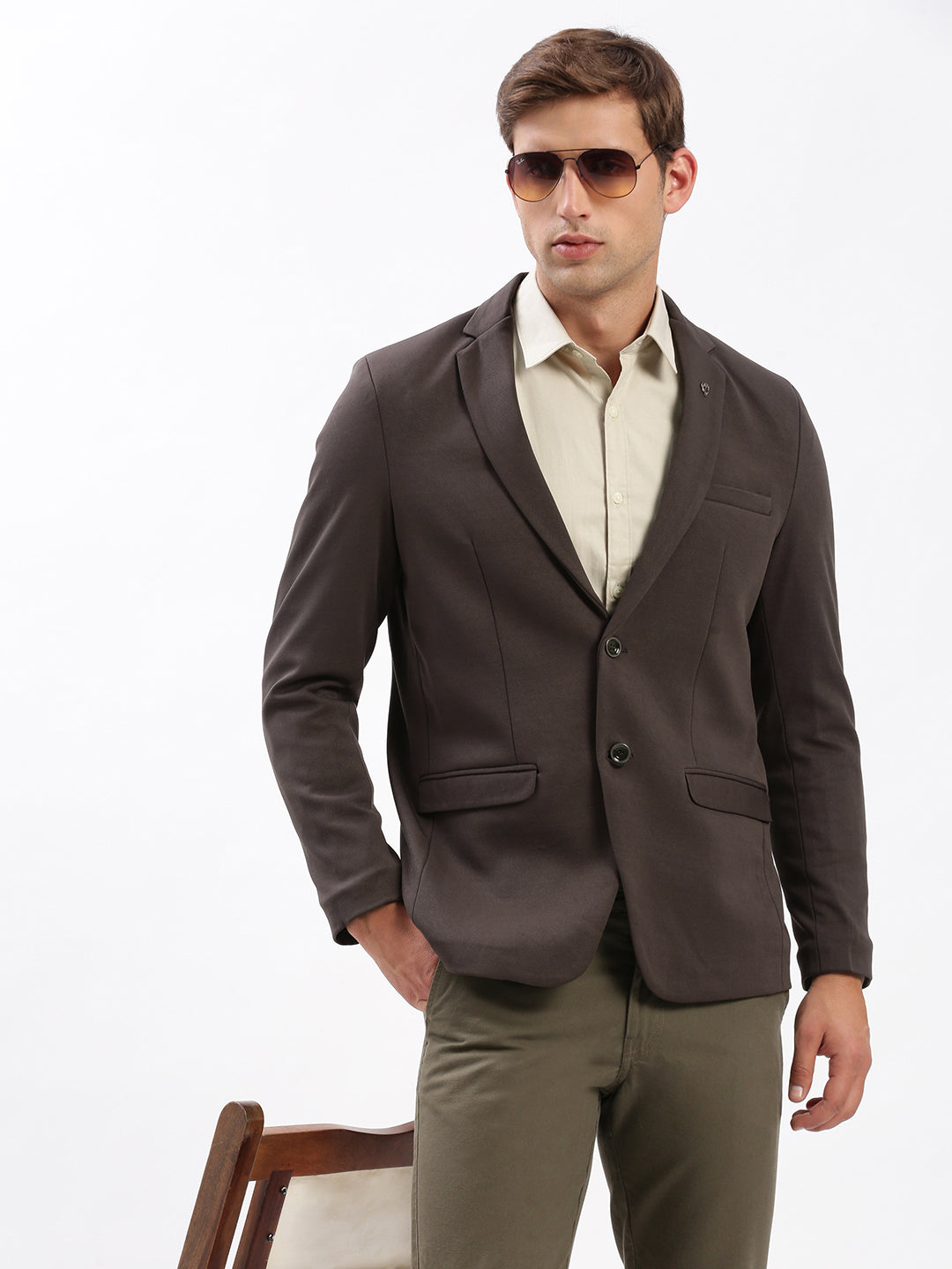 Men Notched Lapel Solid Brown Blazer