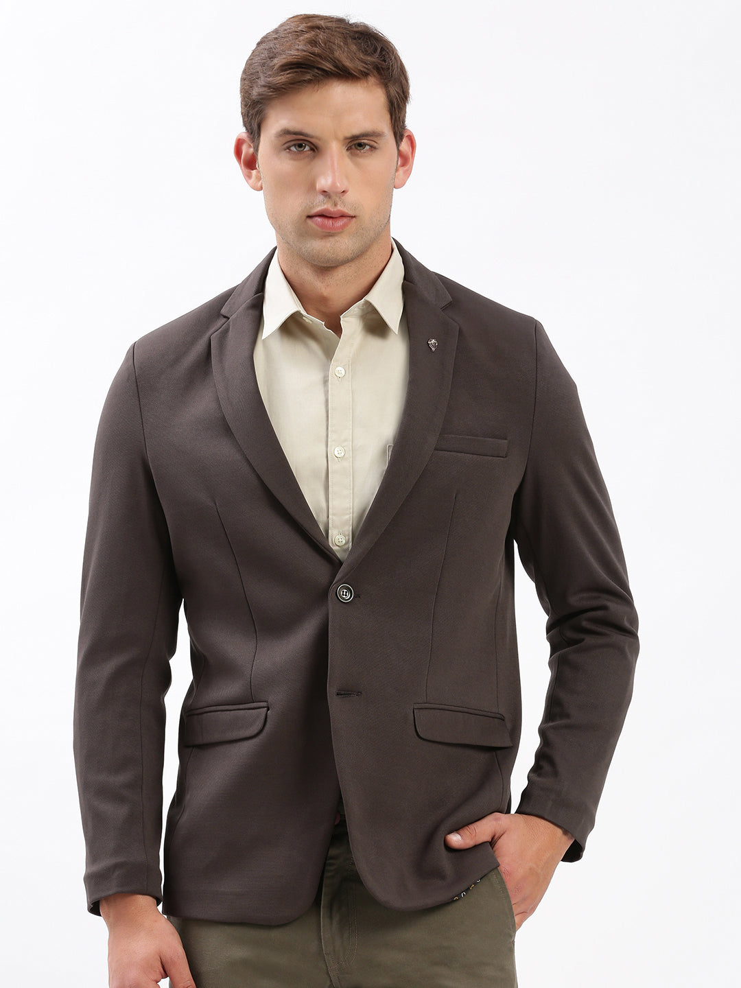 Men Notched Lapel Solid Brown Blazer