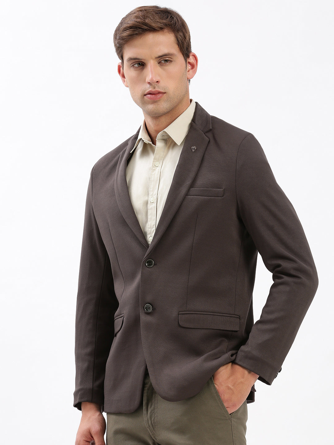 Men Notched Lapel Solid Brown Blazer