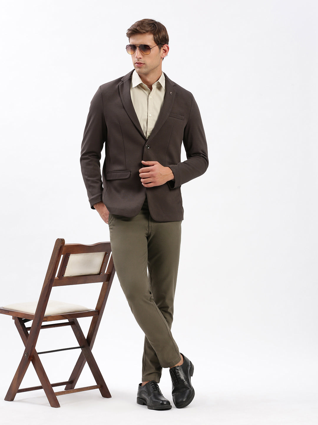 Men Notched Lapel Solid Brown Blazer