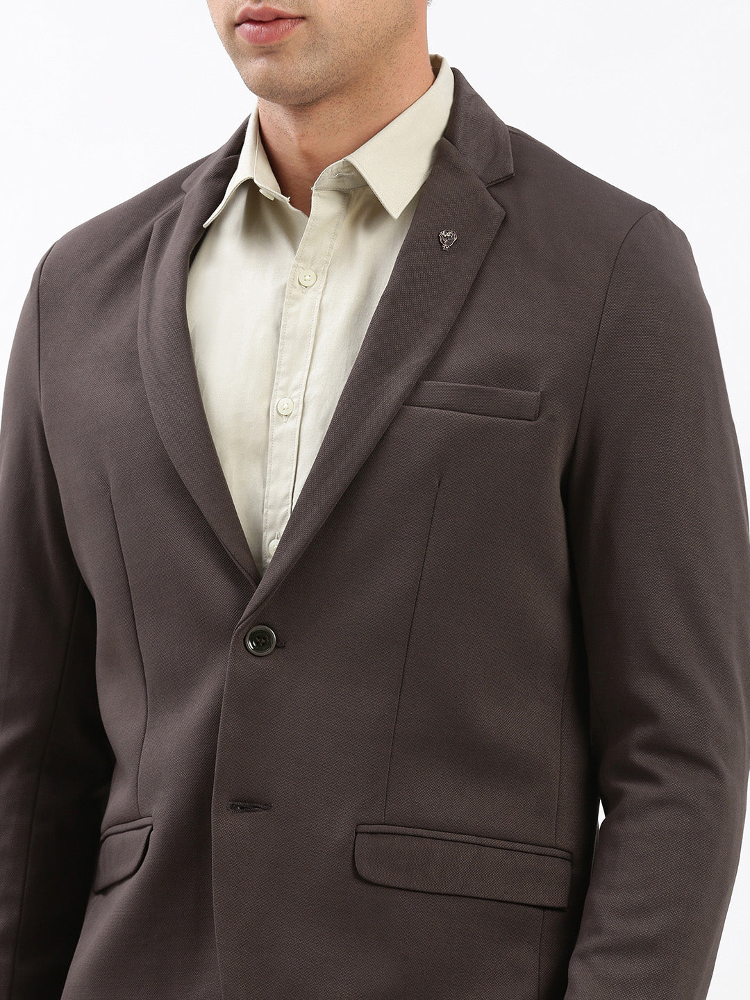 Men Notched Lapel Solid Brown Blazer