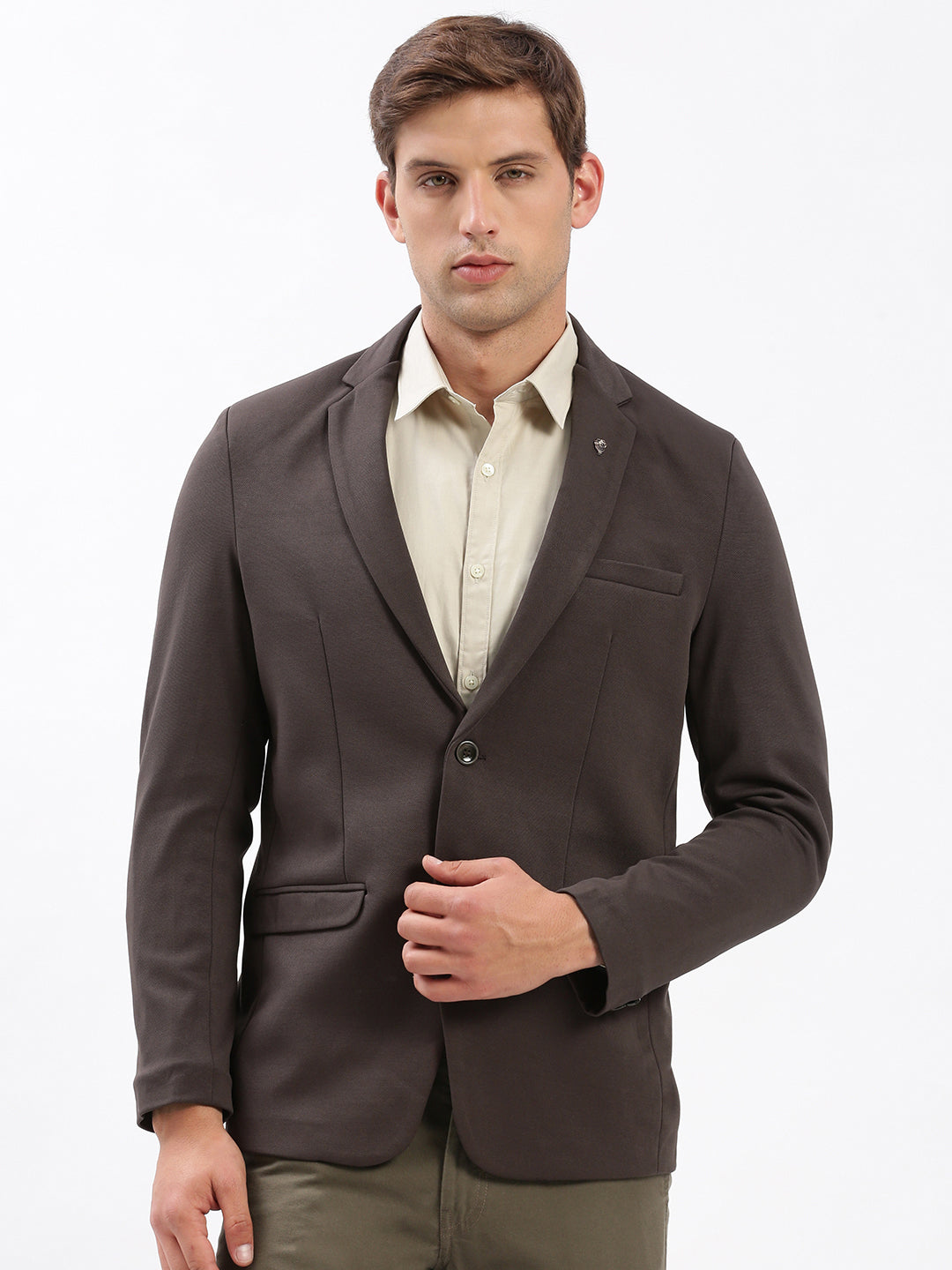 Men Notched Lapel Solid Brown Blazer