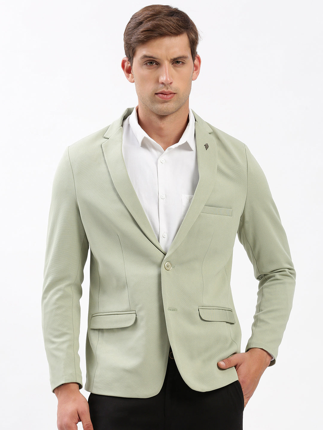 Men Notched Lapel Solid Green Blazer