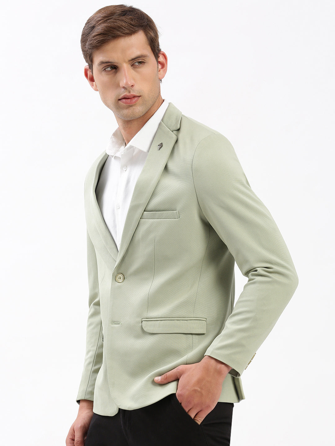 Men Notched Lapel Solid Green Blazer