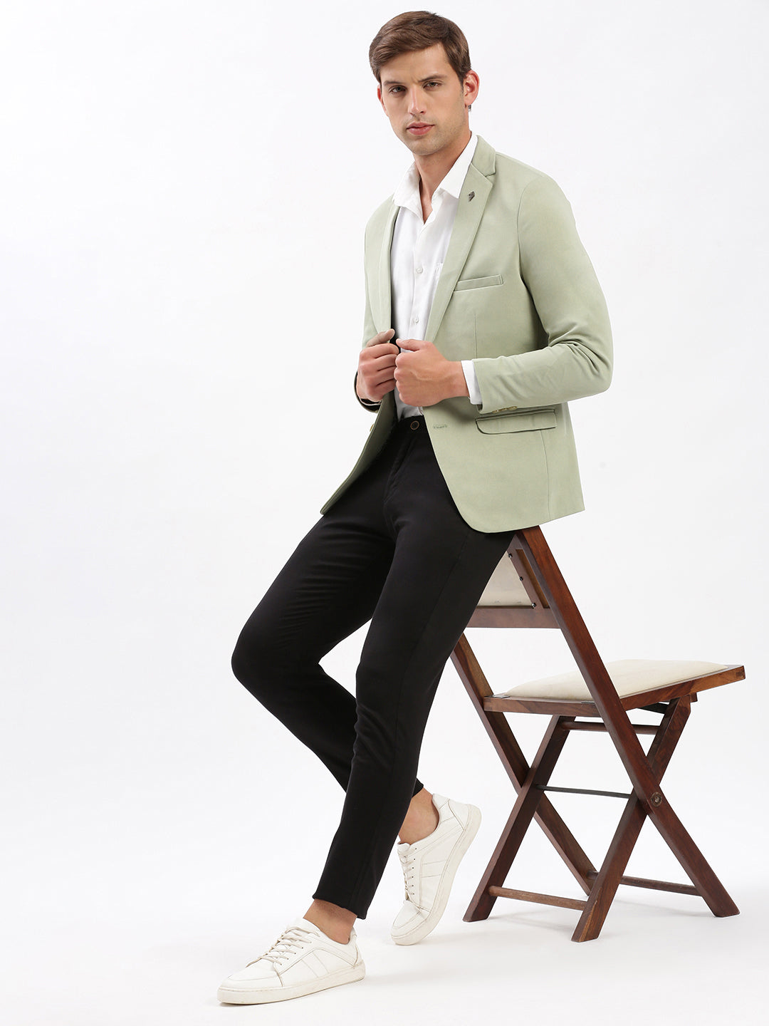 Men Notched Lapel Solid Green Blazer