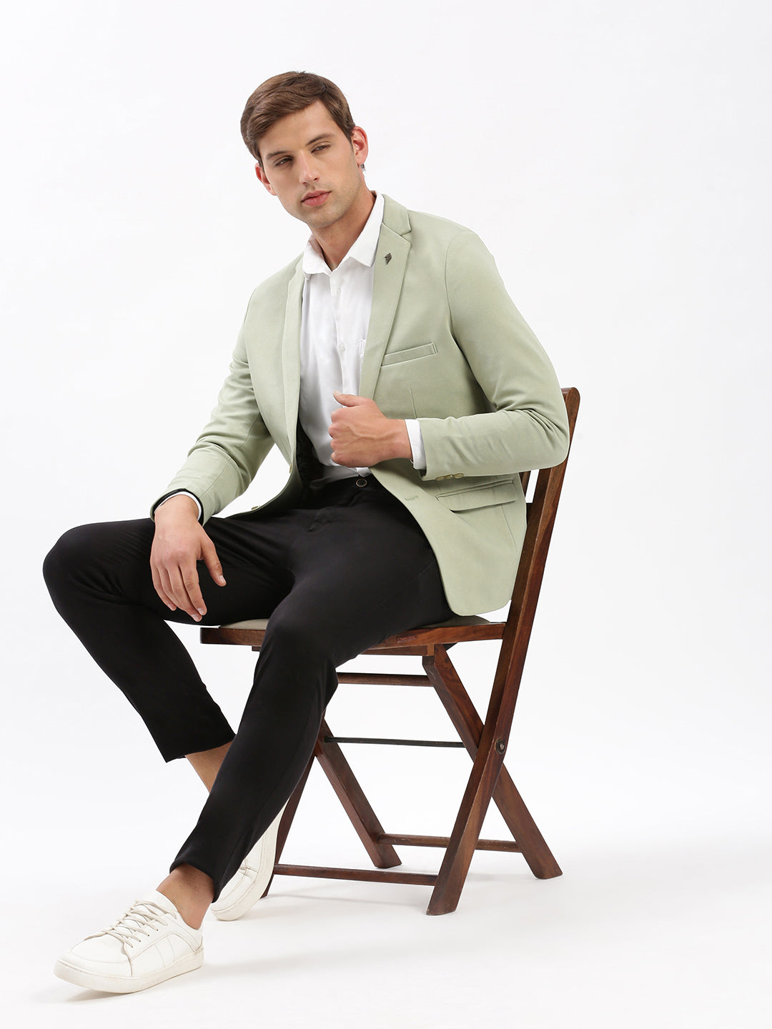 Men Notched Lapel Solid Green Blazer