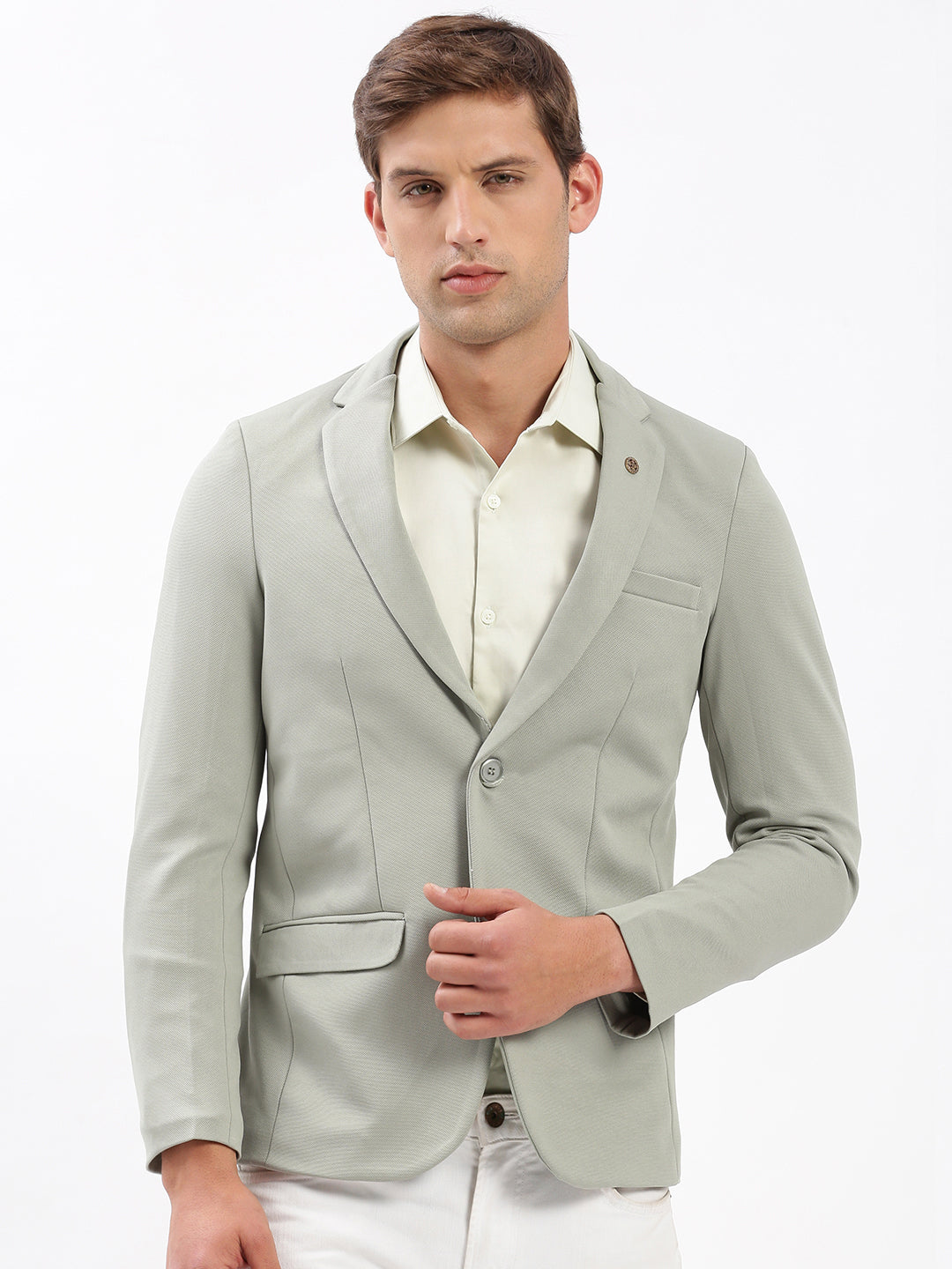 Men Notched Lapel Solid Olive Blazer