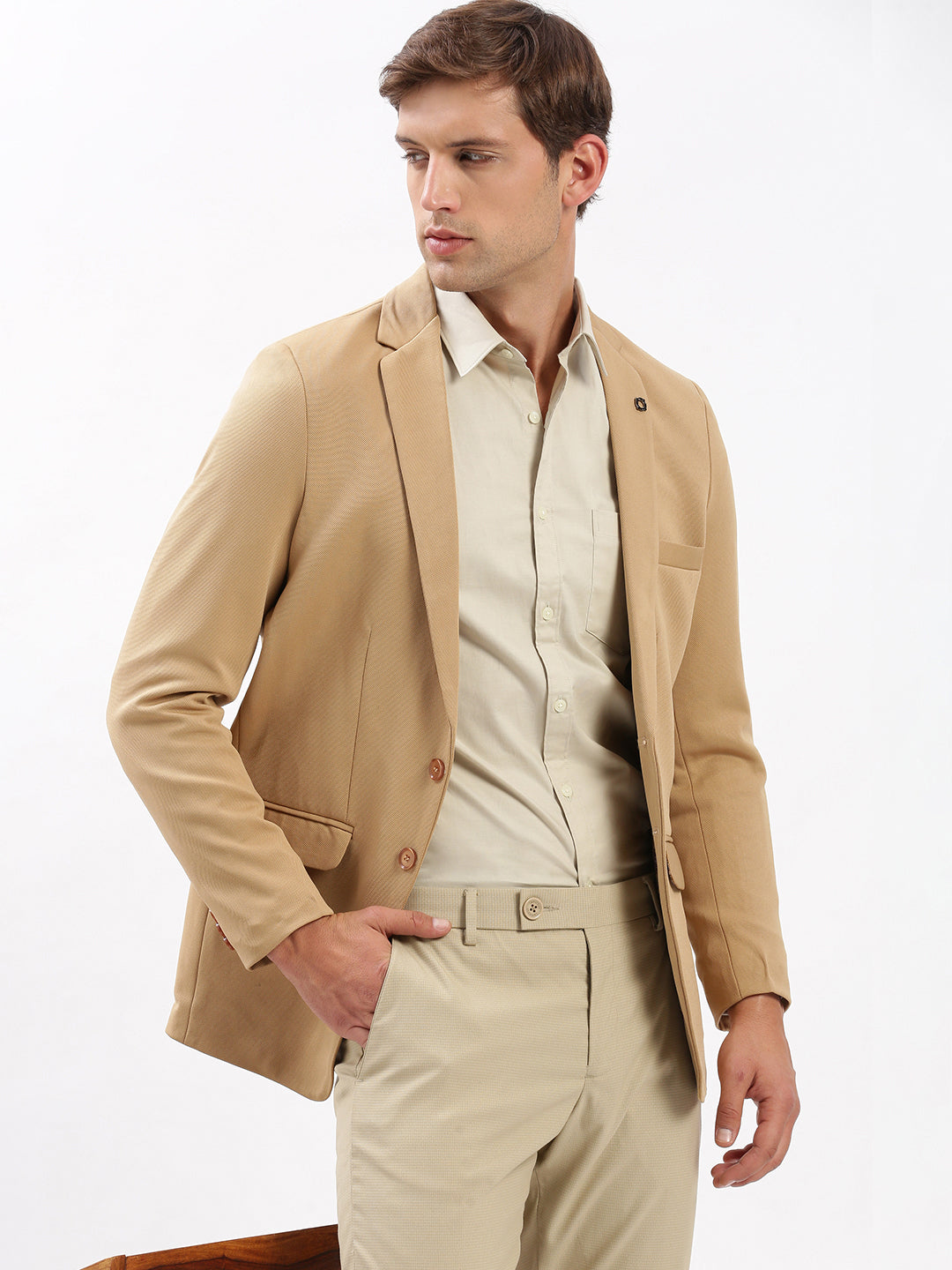 Men Notched Lapel Solid Beige Blazer