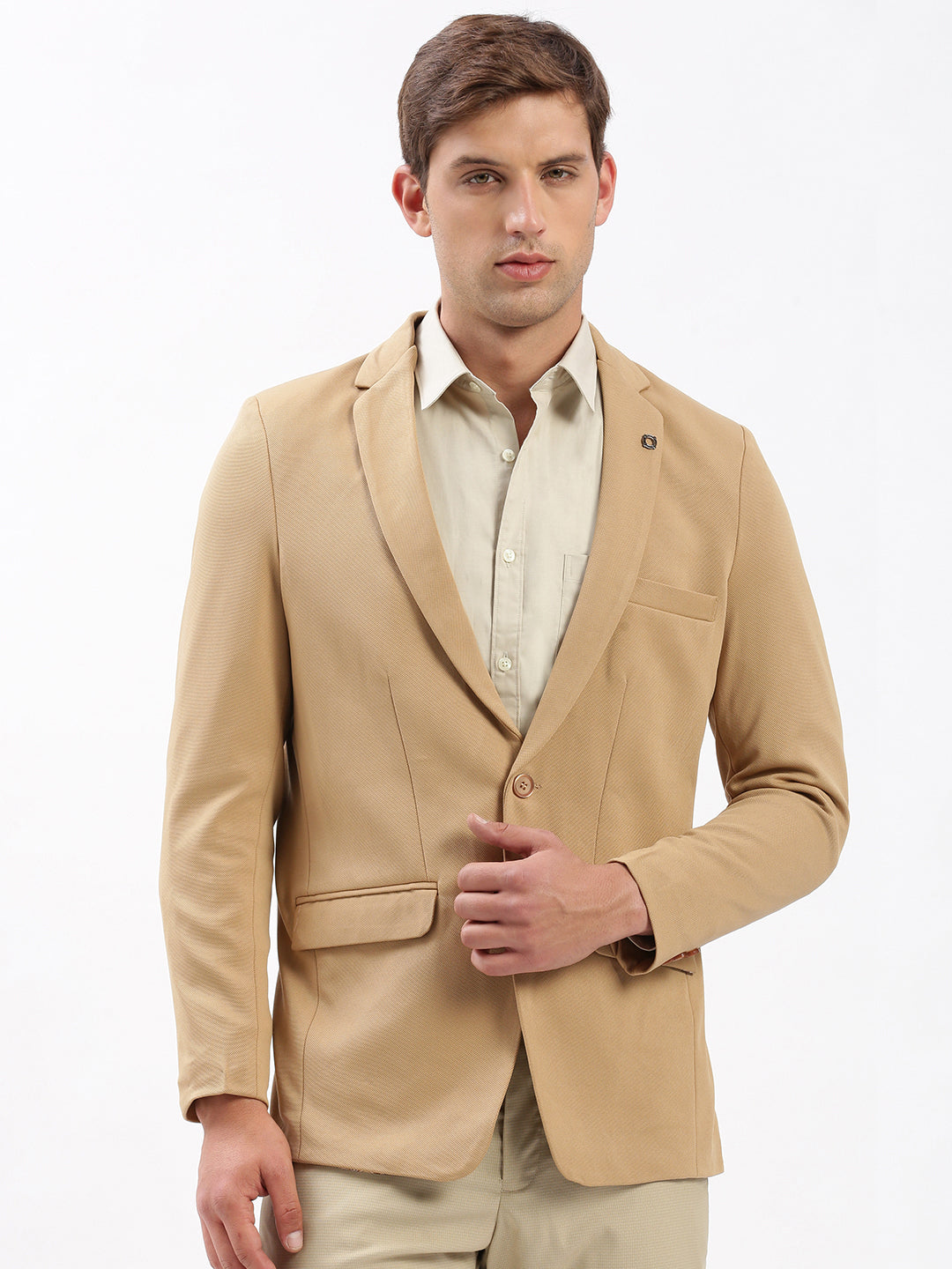 Men Notched Lapel Solid Beige Blazer