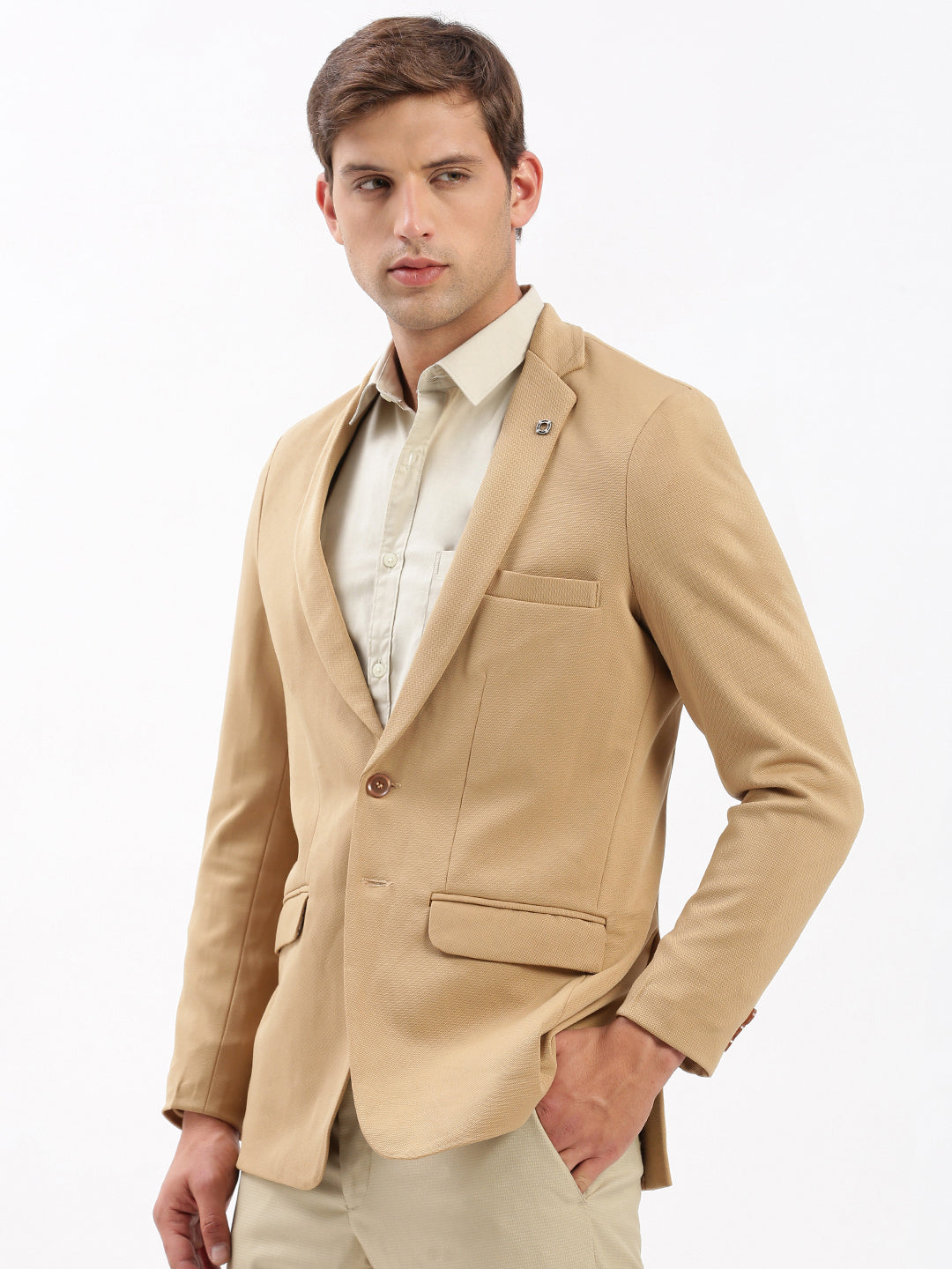 Men Notched Lapel Solid Beige Blazer