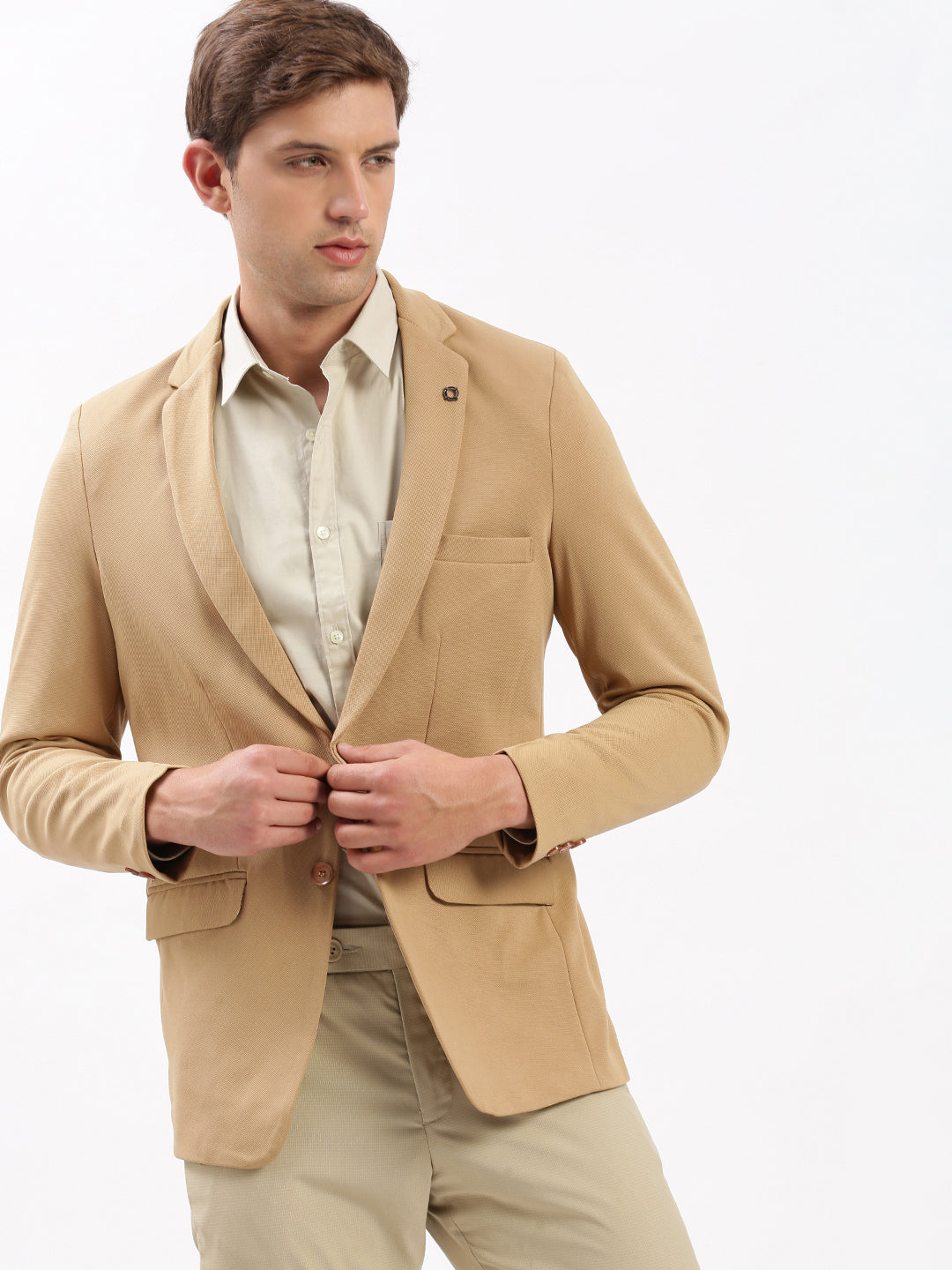 Men Notched Lapel Solid Beige Blazer