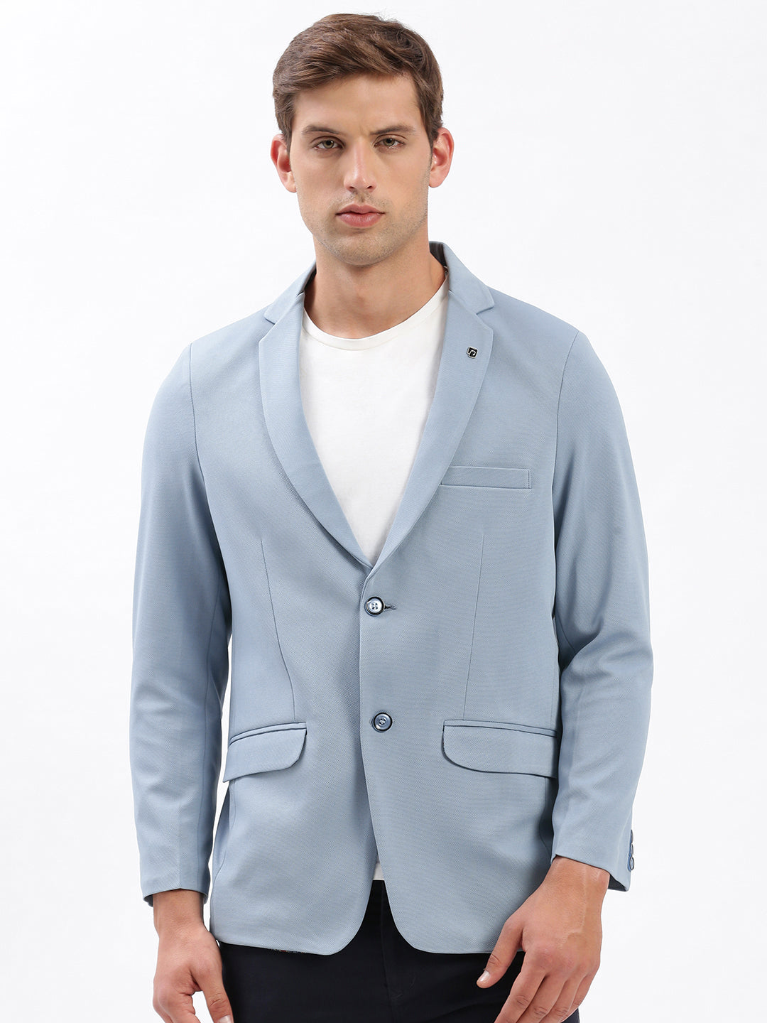 Men Notched Lapel Solid Blue Blazer