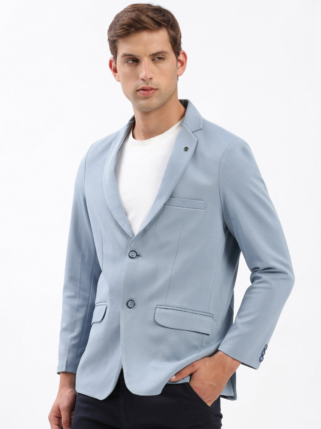 Men Notched Lapel Solid Blue Blazer