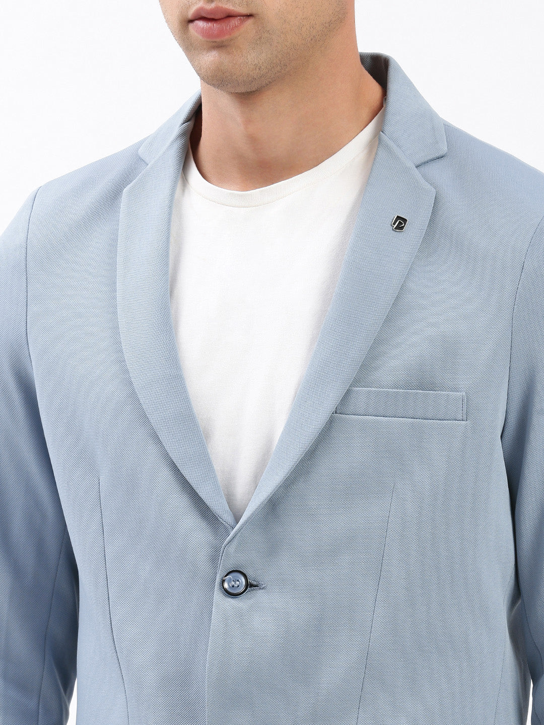 Men Notched Lapel Solid Blue Blazer