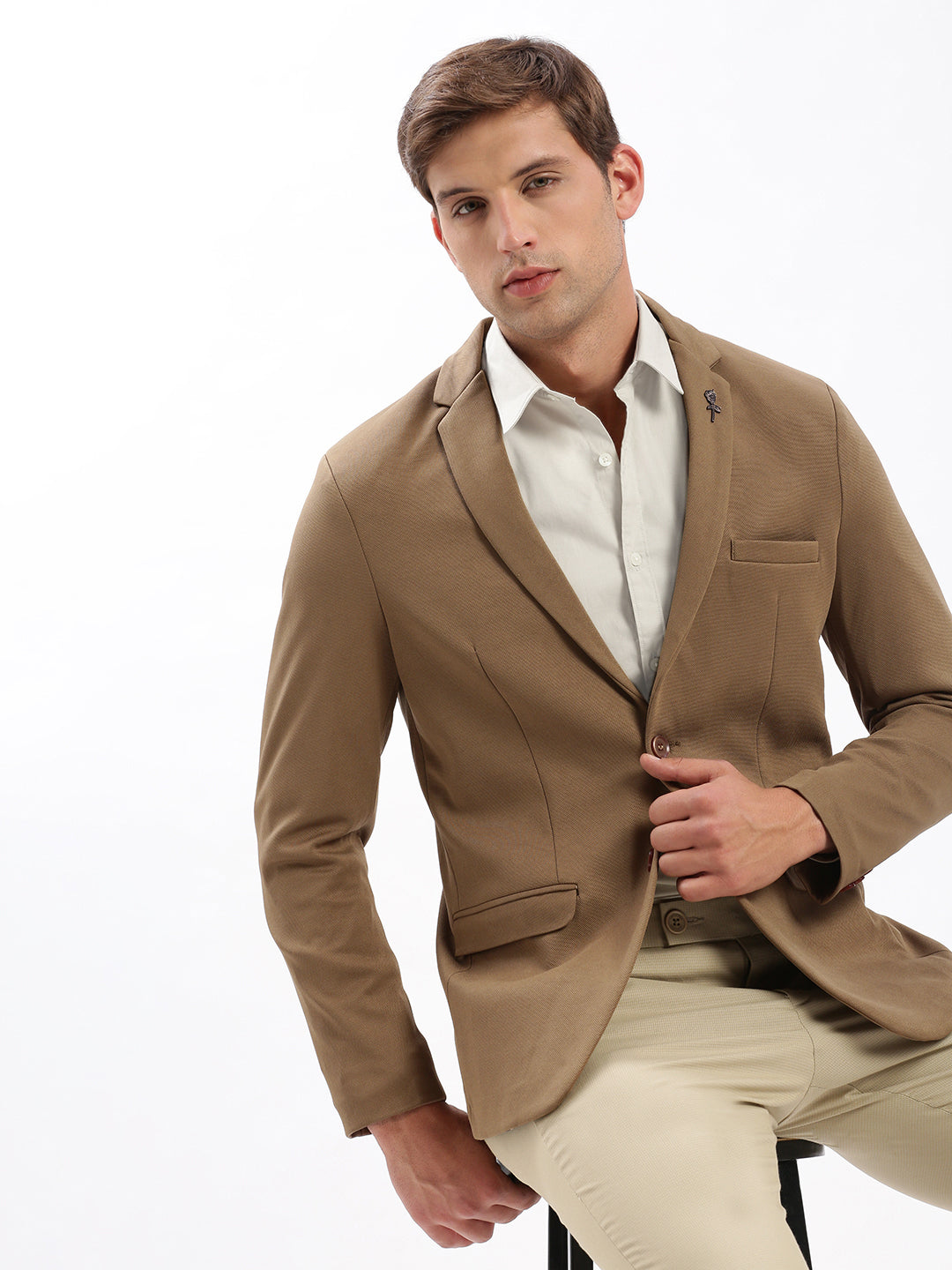 Men Notched Lapel Solid Brown Blazer