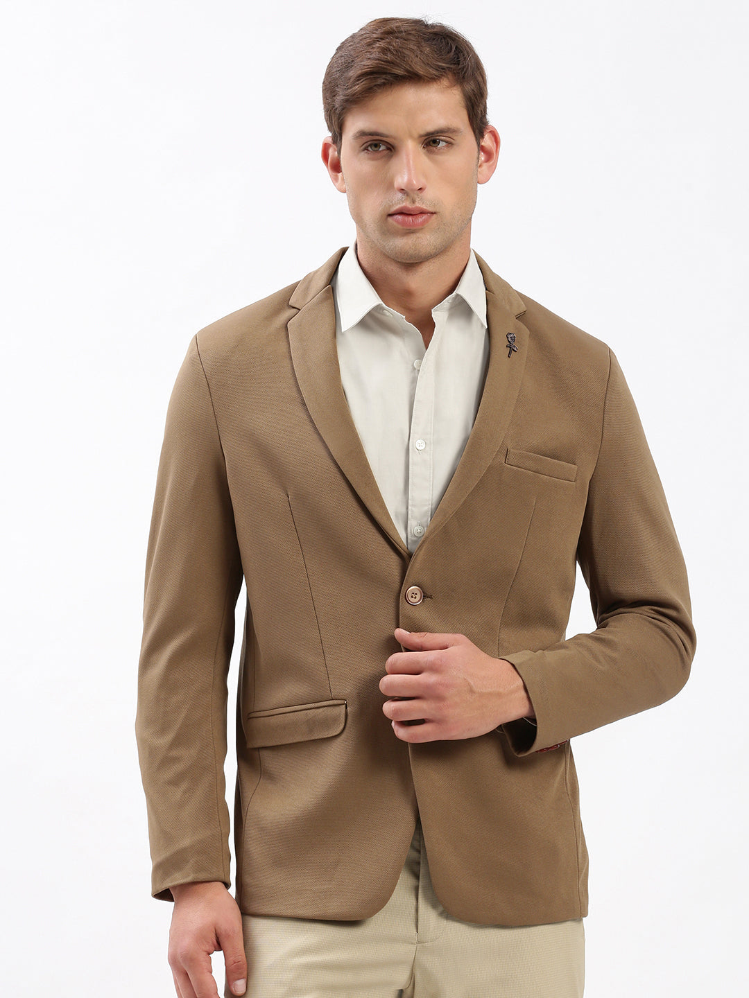 Men Notched Lapel Solid Brown Blazer