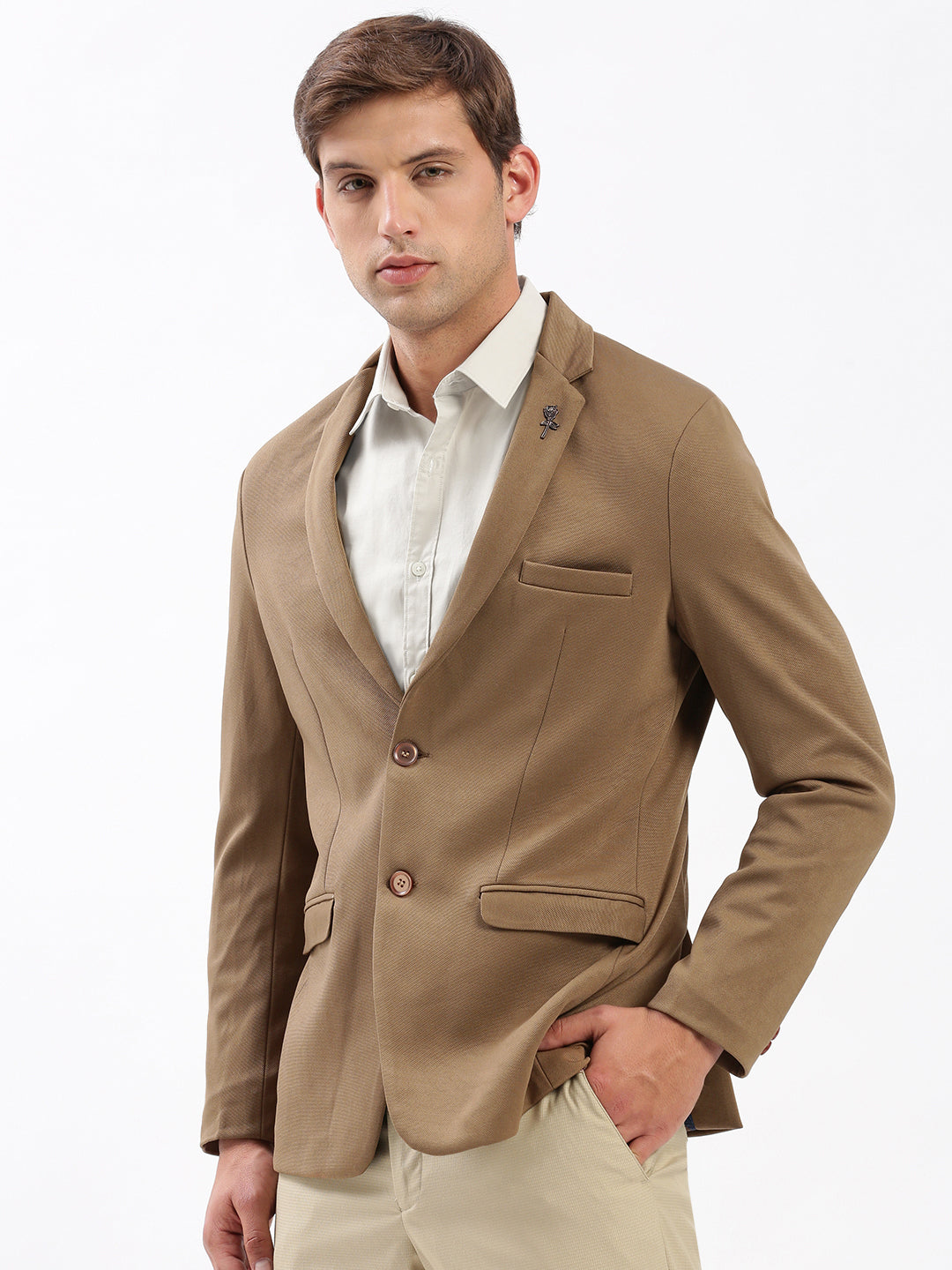 Men Notched Lapel Solid Brown Blazer