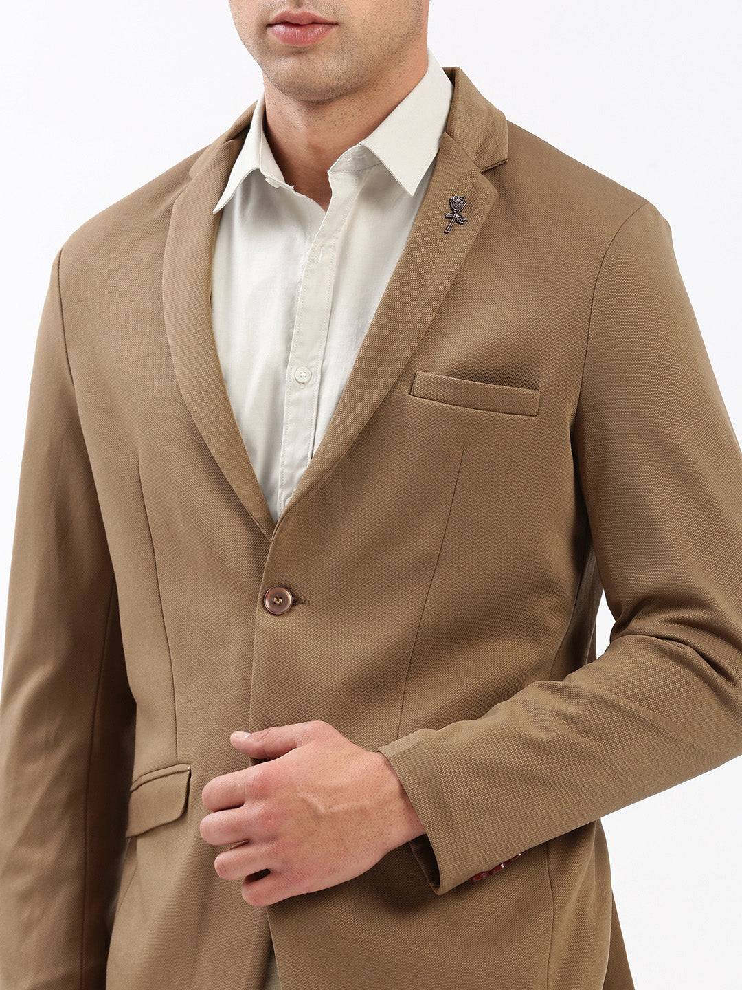 Men Notched Lapel Solid Brown Blazer