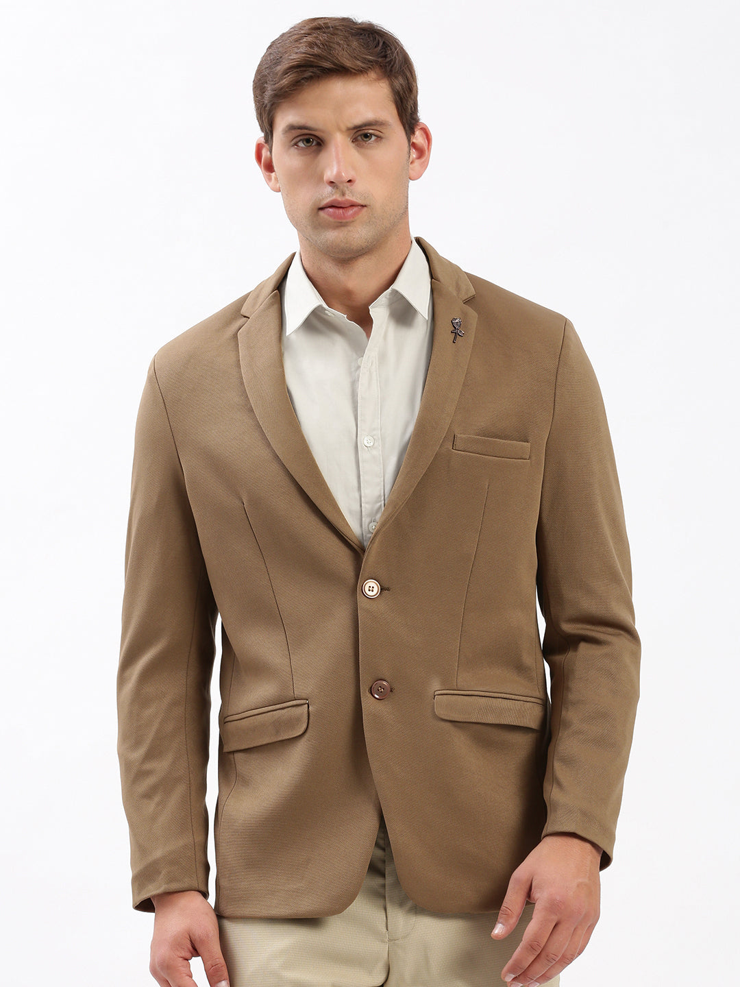 Men Notched Lapel Solid Brown Blazer