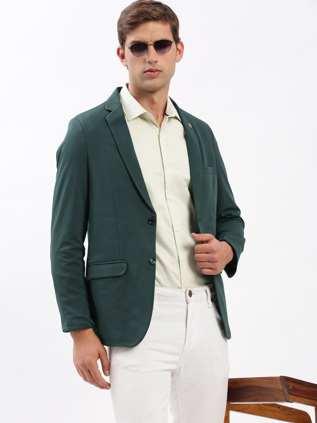 Men Notched Lapel Solid Green Blazer