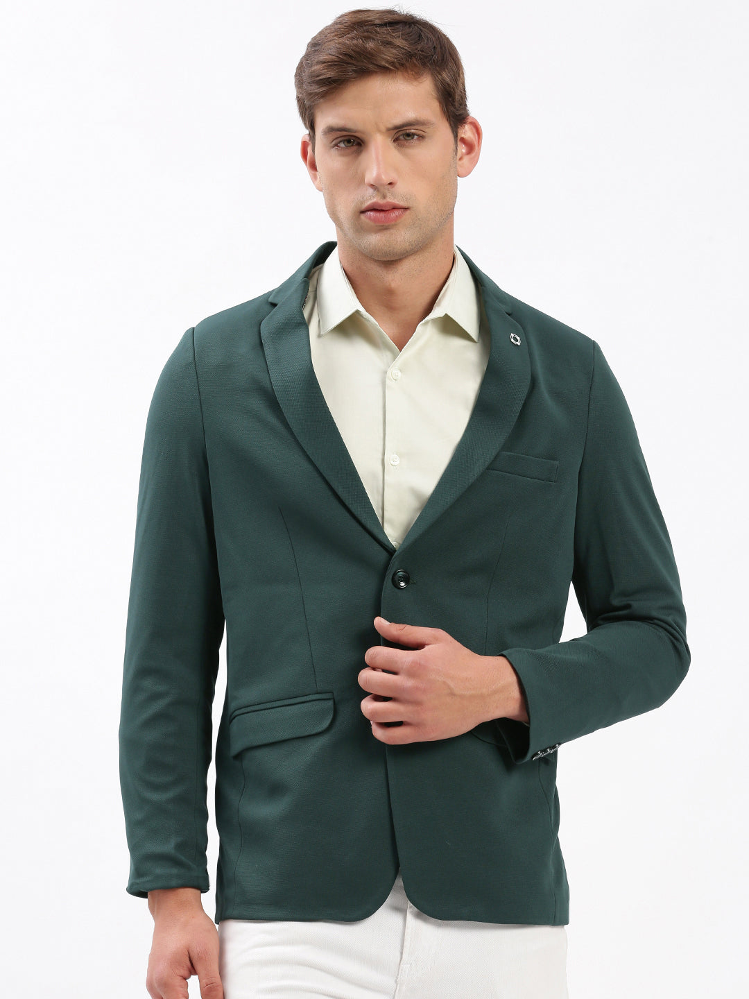 Men Notched Lapel Solid Green Blazer