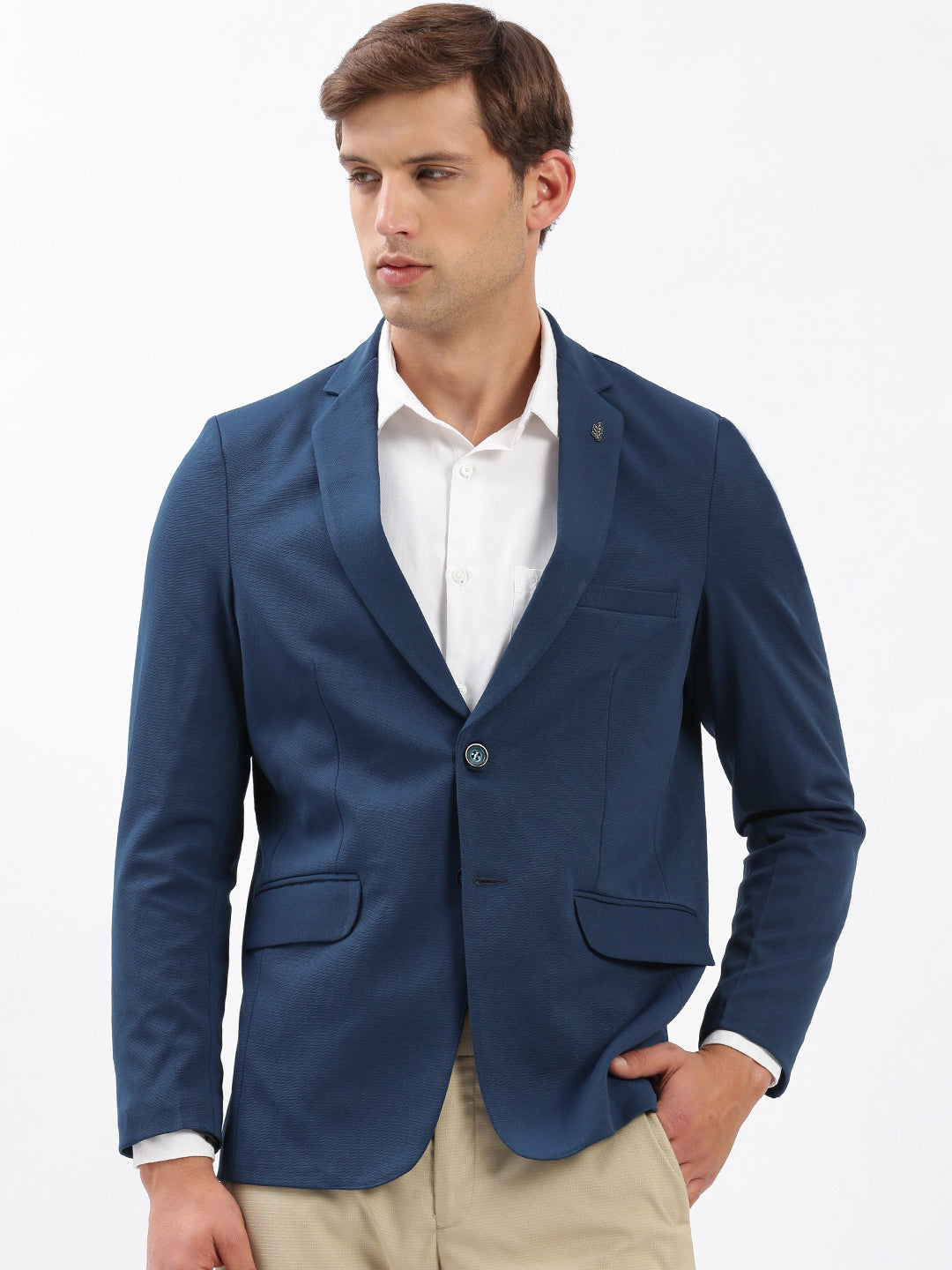 Men Notched Lapel Solid Teal Blazer