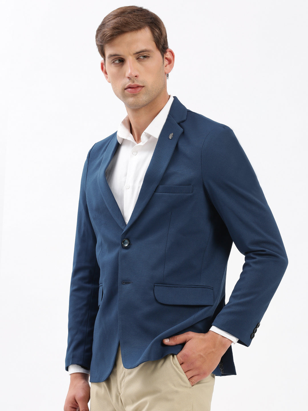 Men Notched Lapel Solid Teal Blazer