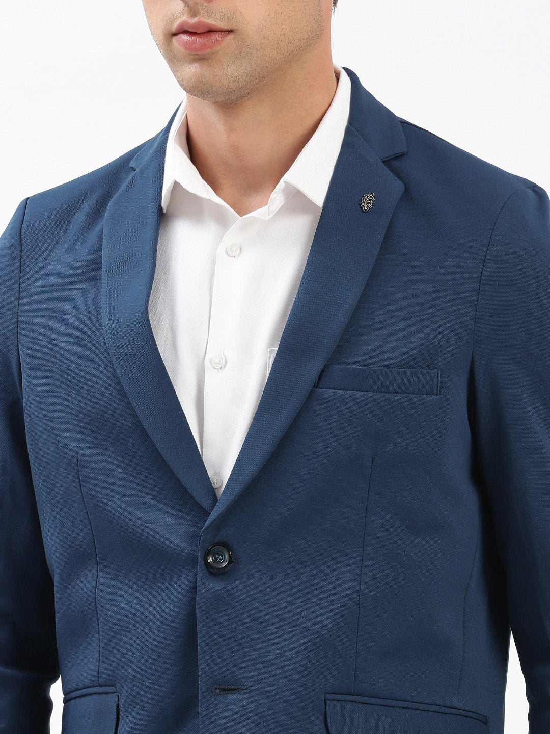 Men Notched Lapel Solid Teal Blazer