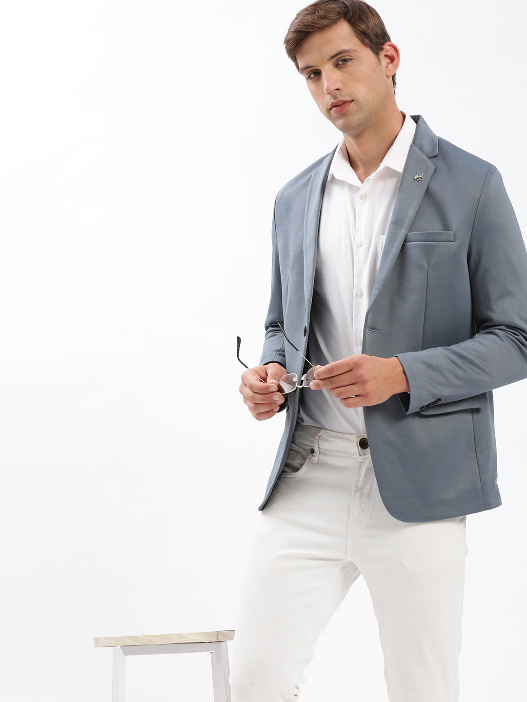 Men Notched Lapel Solid Grey Blazer