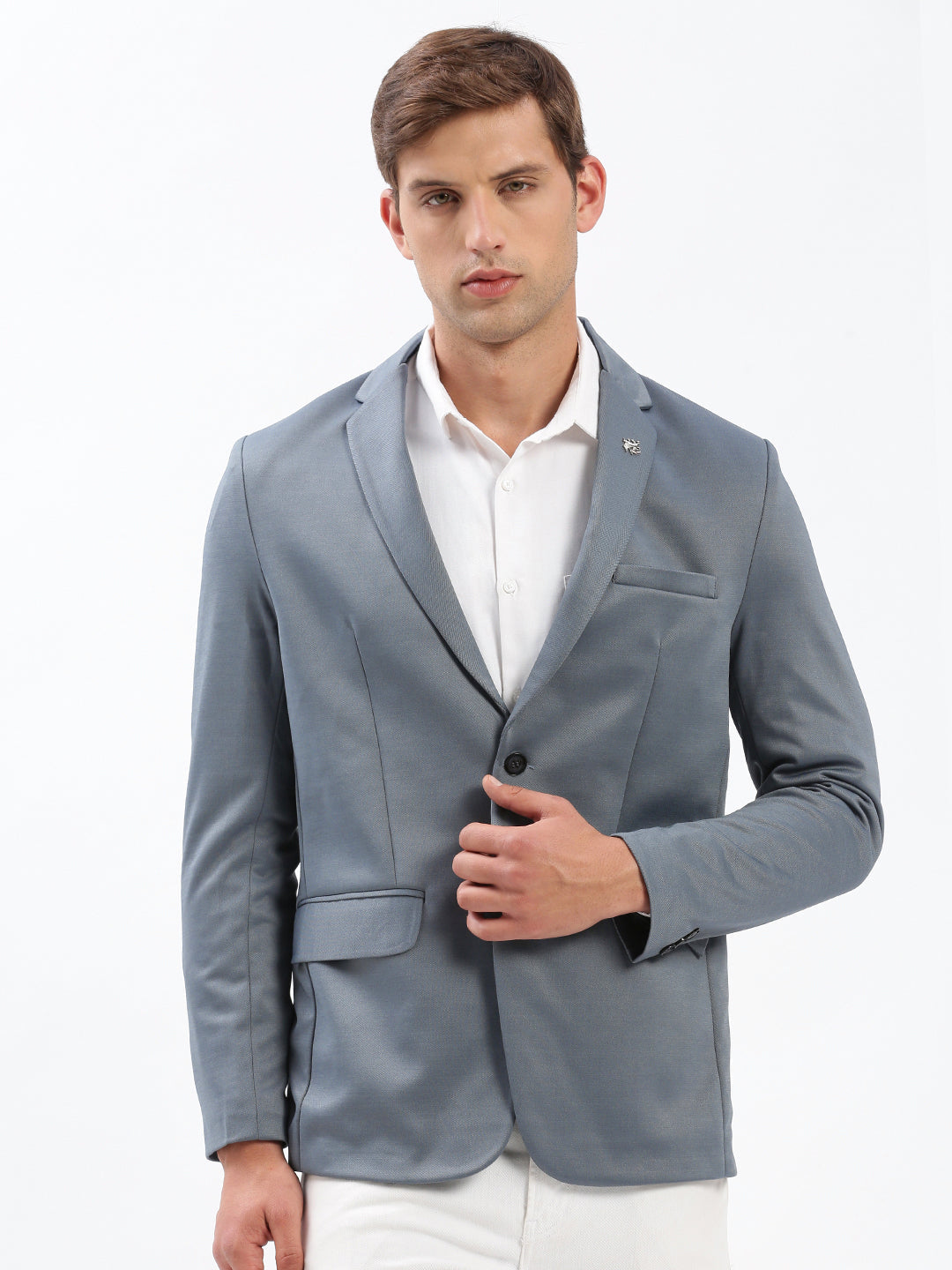 Men Notched Lapel Solid Grey Blazer