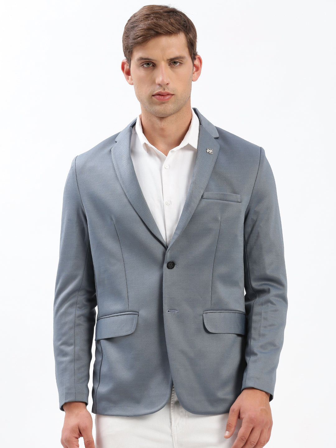 Men Notched Lapel Solid Grey Blazer