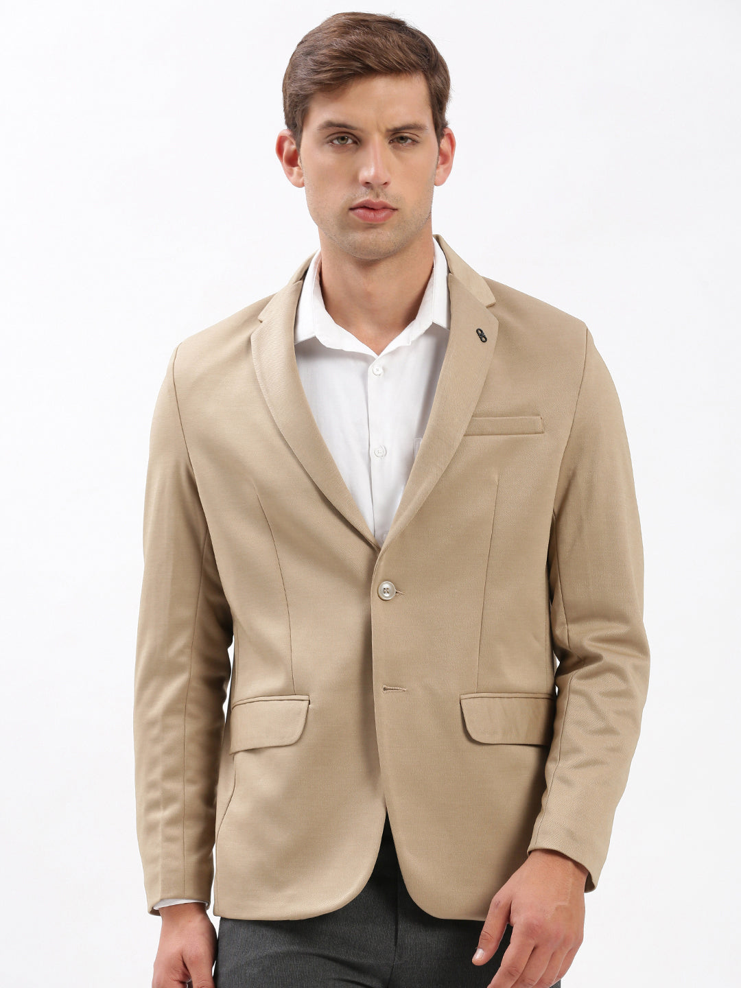 Men Notched Lapel Solid Beige Blazer