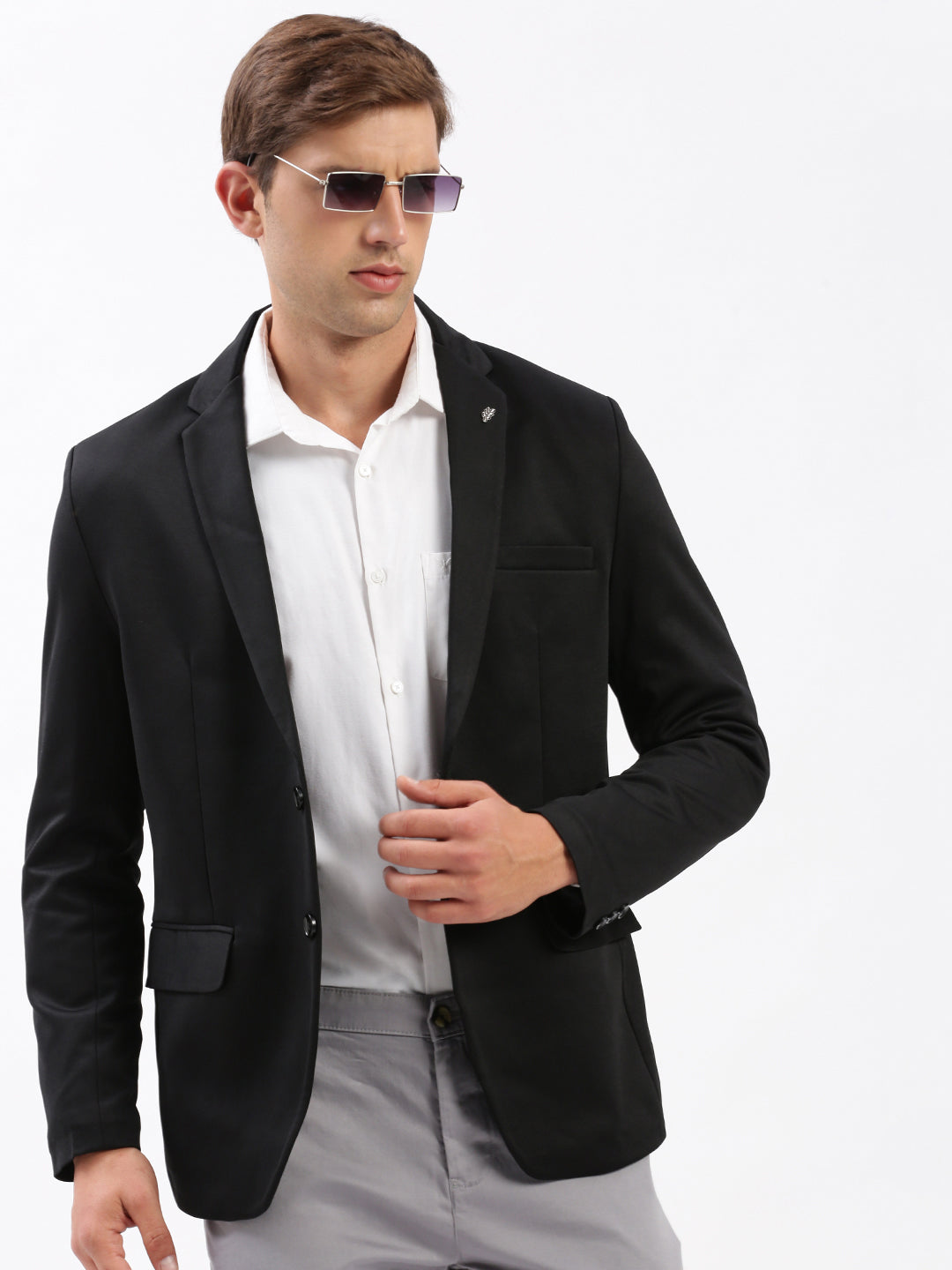 Men Notched Lapel Solid Black Blazer