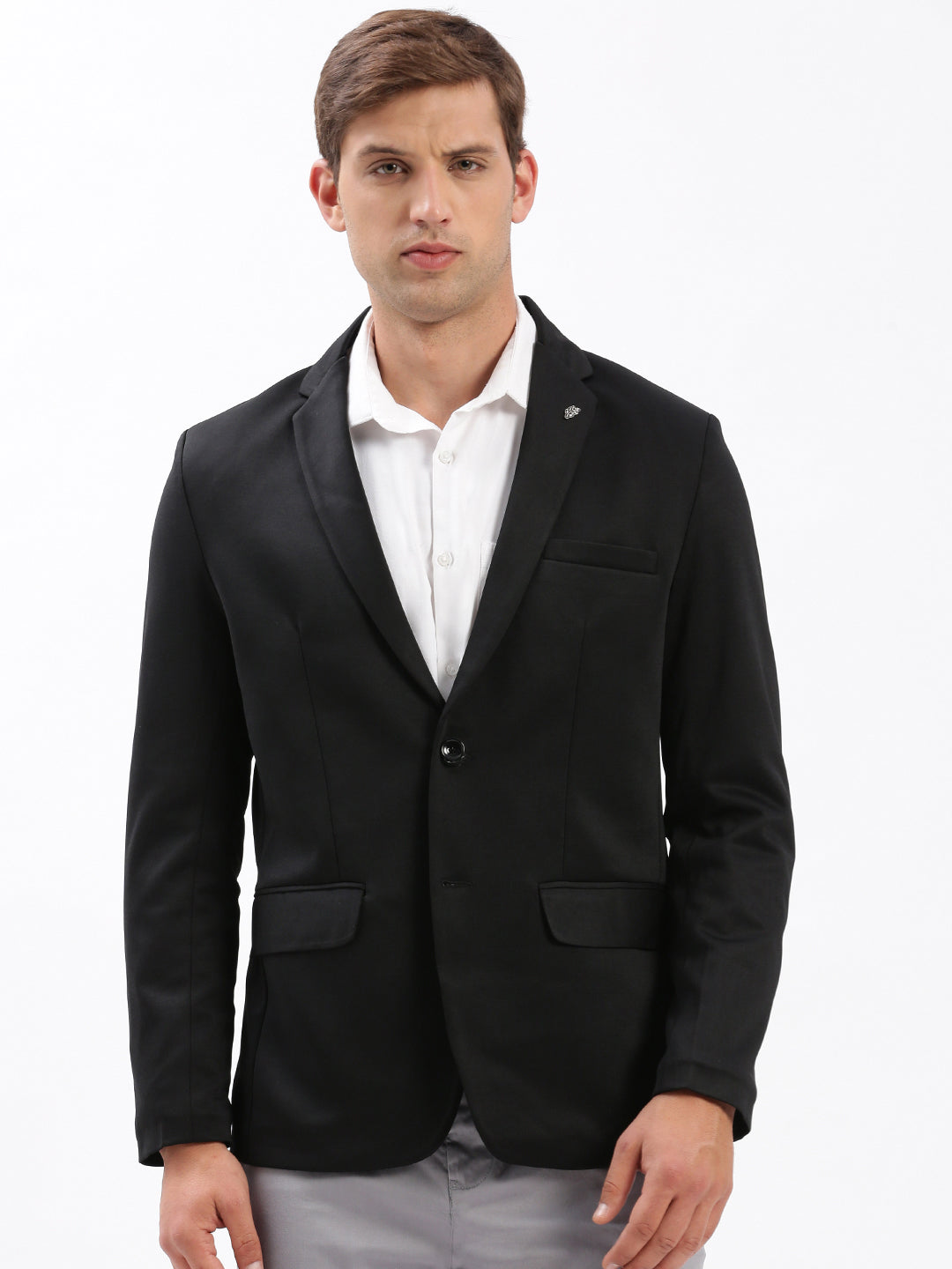 Men Notched Lapel Solid Black Blazer