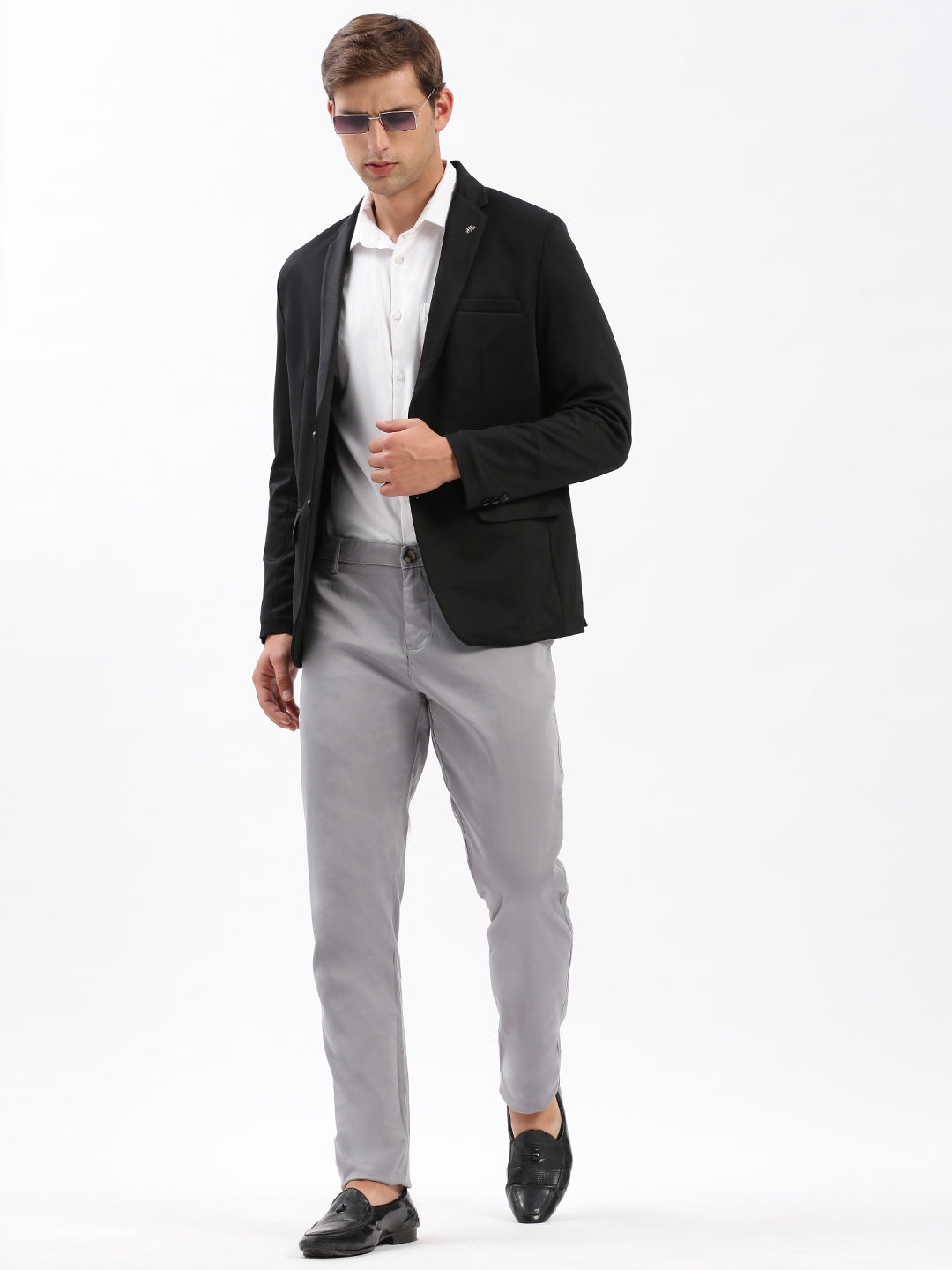 Men Notched Lapel Solid Black Blazer