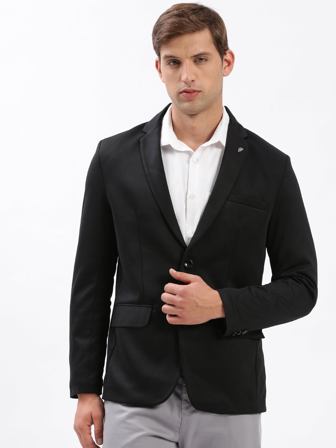 Men Notched Lapel Solid Black Blazer