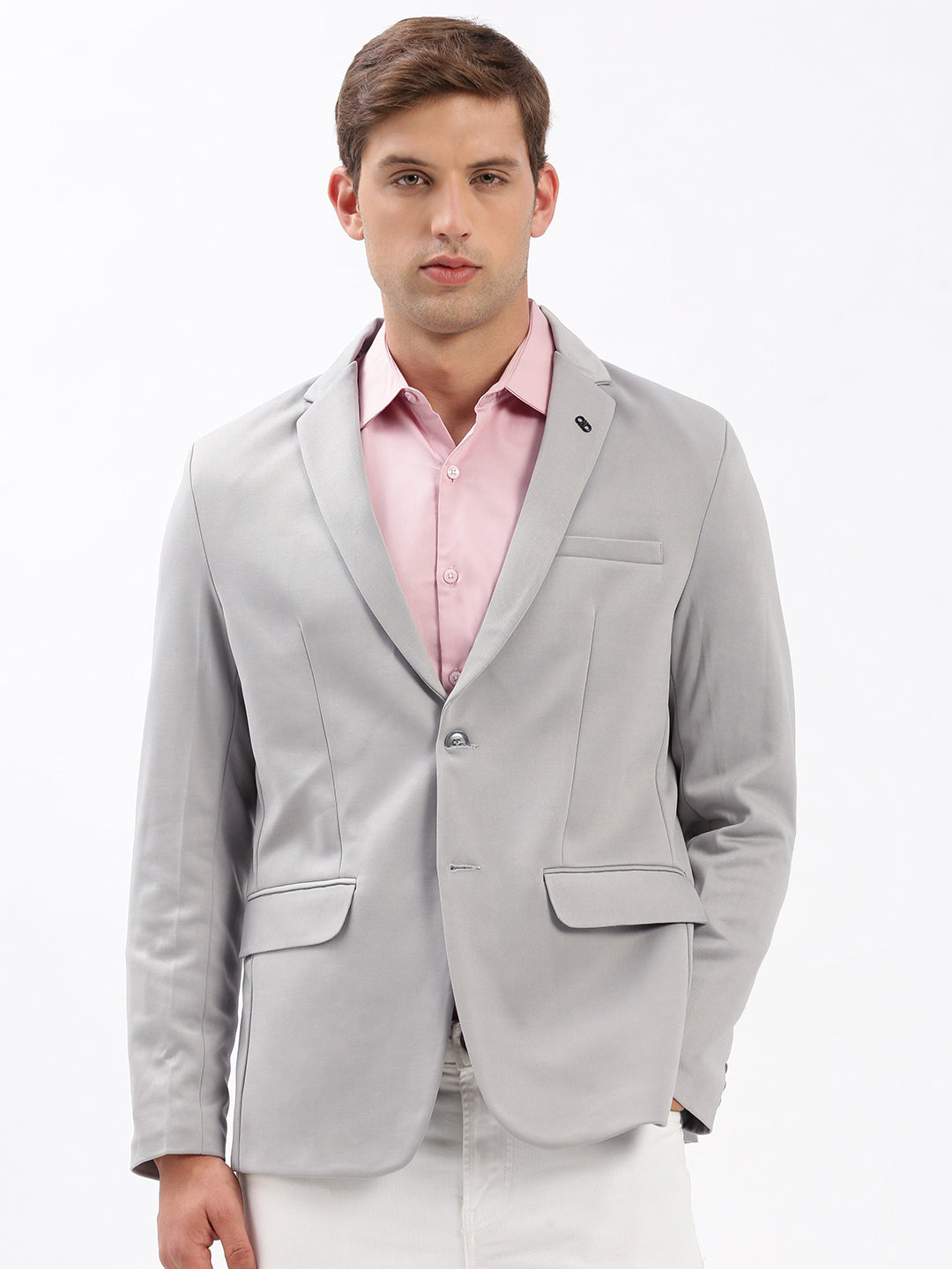 Men Notched Lapel Solid Grey Blazer