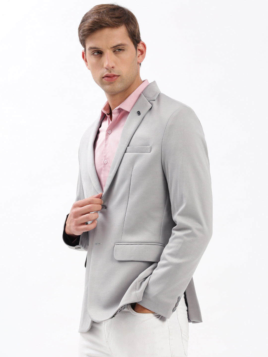 Men Notched Lapel Solid Grey Blazer