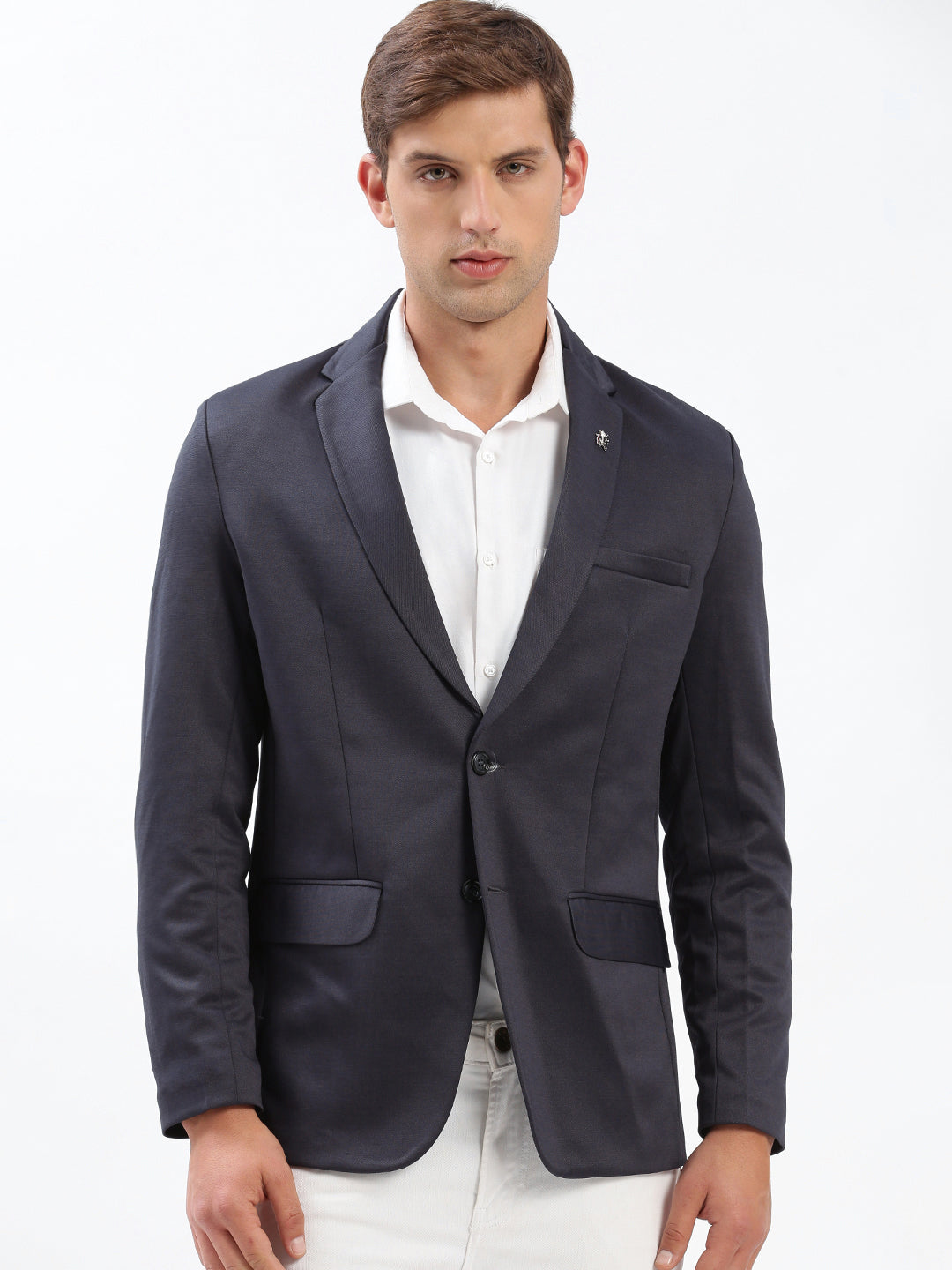 Men Notched Lapel Solid Navy Blue Blazer