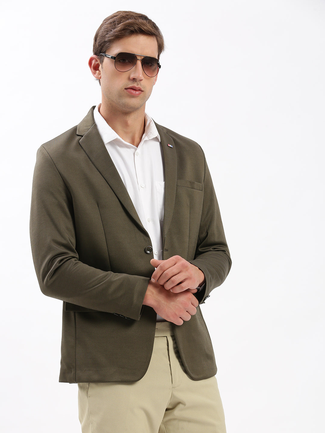 Men Notched Lapel Solid Olive Blazer