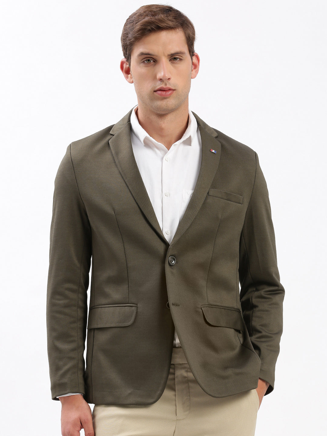 Men Notched Lapel Solid Olive Blazer