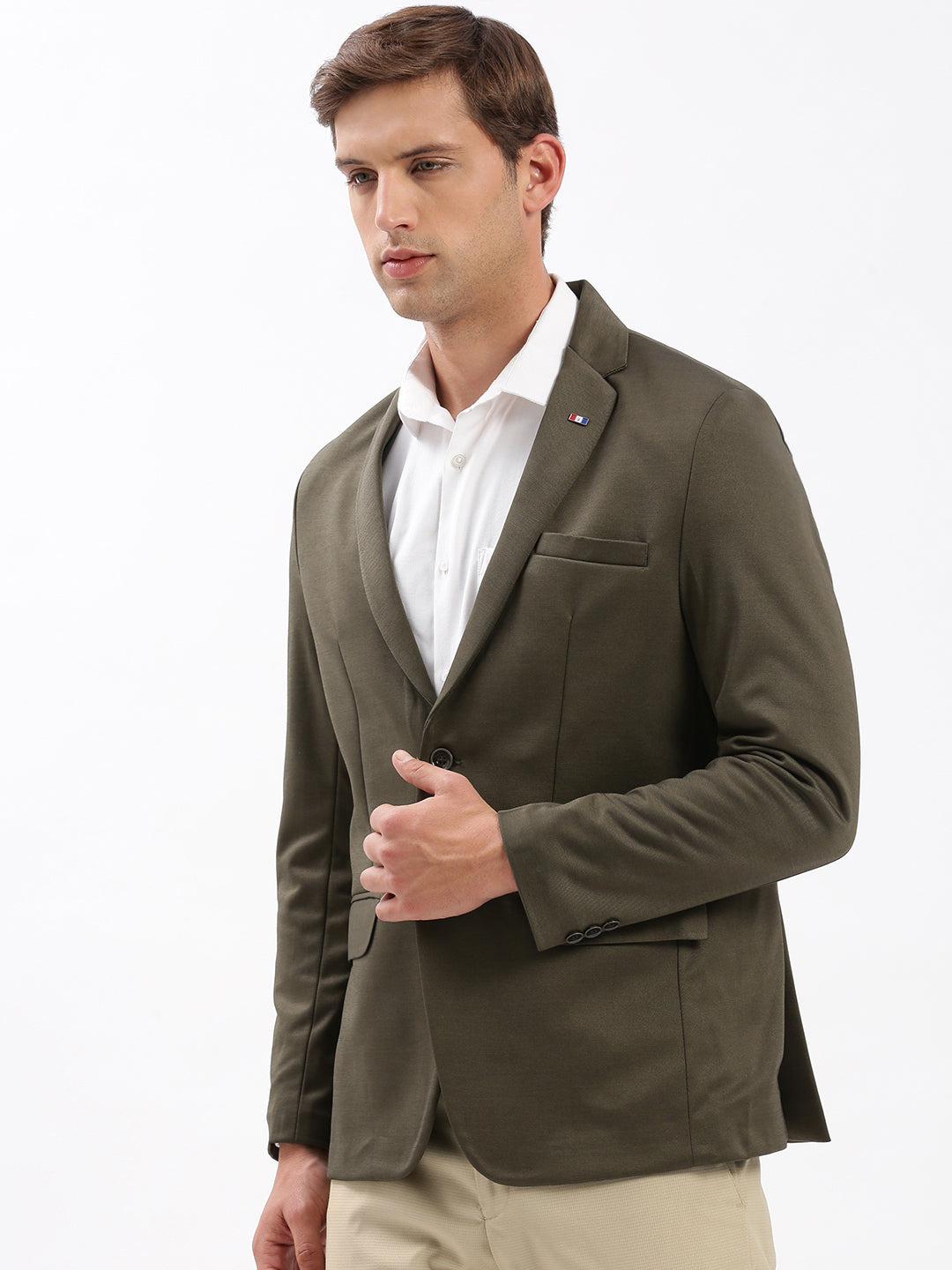 Men Notched Lapel Solid Olive Blazer